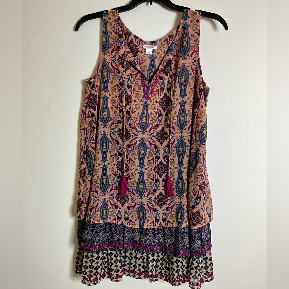 Xhileration Women’s Dress Size S patterned layered lined embroidered tassel ties
